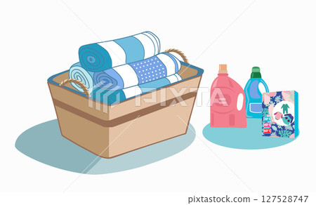 illustration of laundry basket filled with folded clean towels. 127528747