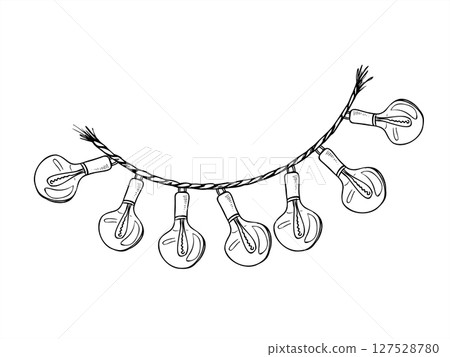 Monochrome light bulb garland on rope vector illustration painted by black inks. Christmas, Diwali, Chinese New Year, and Mexican festival decor. For holiday design, wedding backdrop, party invite. Monochrome light bulb garland on rope vector illustration painted by black inks. Christmas, Diwali, Chinese New Year, and Mexican festival decor. For holiday design, wedding backdrop, party invite. 127528780