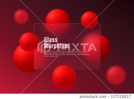 Vibrant glass morphism layout with red 3D spheres and transparent panel on a rich burgundy gradient background, vector illustration. Vibrant glass morphism layout with red 3D spheres and transparent panel on a rich burgundy gradient background, vector illustration. 127528817