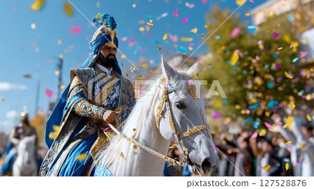 Majestic parade display: blue-robed male on white horse amidst colorful confetti. 127528876