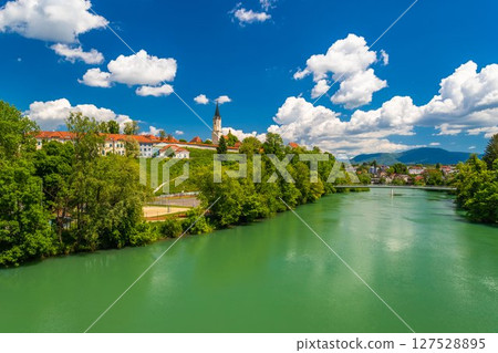 Beautiful view of Novo Mesto, a city in Slovenia on the Krka river Beautiful view of Novo Mesto, a city in Slovenia on the Krka river 127528895