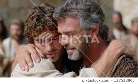Emotional reunion between two caucasian men embracing outdoors. 127528905