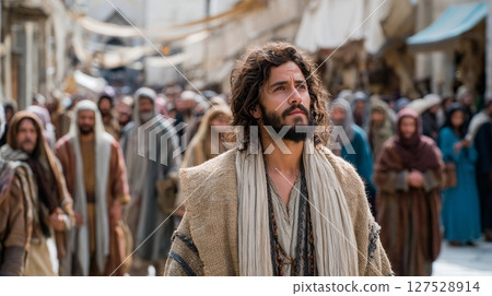 Young caucasian male in biblical attire walking through ancient market street. 127528914