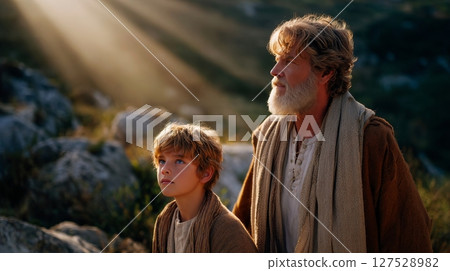 Caucasian elderly male and child in sunlit landscape. 127528982