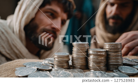 Middle eastern men counting stacks of silver coins in traditional robes. 127528983