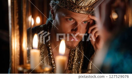 Pensive young caucasian male king reflecting by candlelight. 127529076