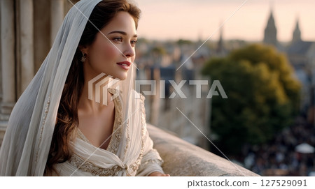 Young caucasian woman in traditional dress admiring city view at sunset. 127529091