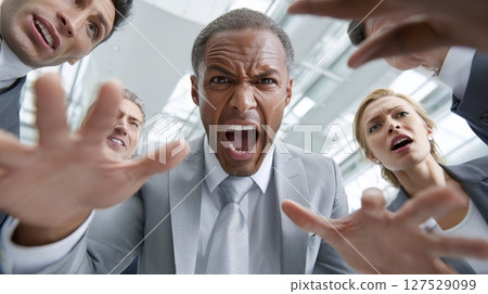 Angry african male adult in business meeting with diverse colleagues expressing frustration. Angry african male adult in business meeting with diverse colleagues expressing frustration. 127529099