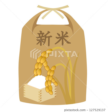 A new rice bag with a design of ears of rice and rice in a measuring box A new rice bag with a design of ears of rice and rice in a measuring box 127529137