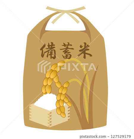 用於儲存米的米袋，上面印有稻穗和米粒的圖案，裝在木盒裡 127529179