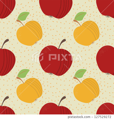 Apples and dots flat seamless pattern. Eco farming fruit with spots and leaves. Autumn harvest. Trendy juice repeat vector illustration 127529272