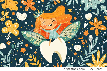 Cute tooth fairy flying on a tooth with floral background and smiling face seamless pattern  127529298