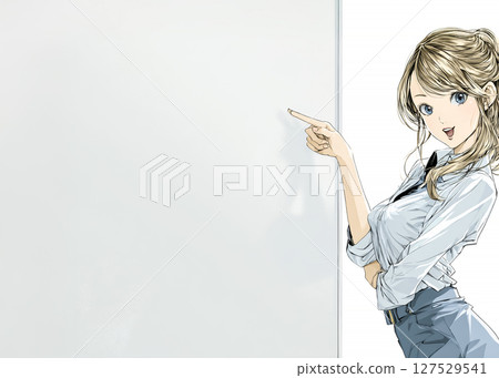 Illustration material of a smiling businesswoman pointing at a whiteboard Illustration material of a smiling businesswoman pointing at a whiteboard 127529541
