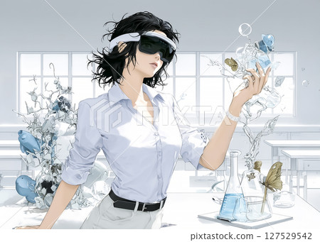 Image of a female researcher using smart glasses to manipulate a hologram 127529542