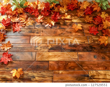 Image material of maple leaves placed on a wooden board Image material of maple leaves placed on a wooden board 127529551