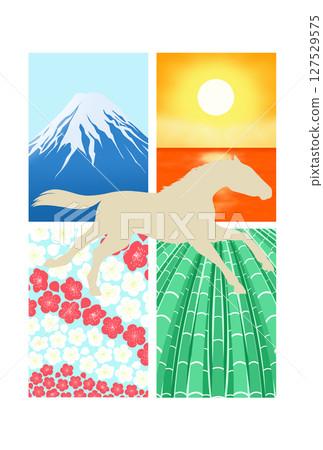 Running horse with Mt. Fuji, sunrise over the sea, plum blossoms and bamboo background Running horse with Mt. Fuji, sunrise over the sea, plum blossoms and bamboo background 127529575