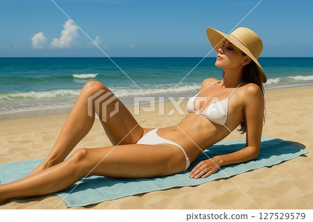Woman sunbathing on the beach 127529579