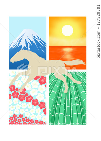 奔馬與富士山、海上日出、梅花和竹子背景 奔馬與富士山、海上日出、梅花和竹子背景 127529581