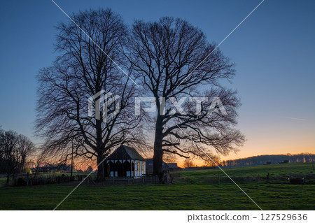 Chapel against sunrise, Bergisch Gladbach, Germany Chapel against sunrise, Bergisch Gladbach, Germany 127529636