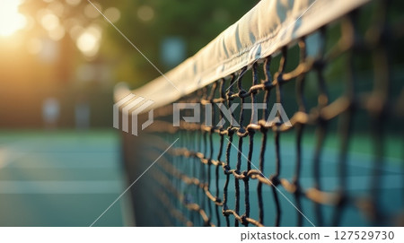 Close-up of black tennis net on outdoor court at sunset with warm sunlight and blurred background. Sports and recreation concept 127529730