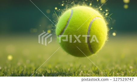 Tennis ball in mid air above grass court with glowing particles. Dynamic motion concept for sports, competition, and outdoor activity. Tennis ball in mid air above grass court with glowing particles. Dynamic motion concept for sports, competition, and outdoor activity. 127529747
