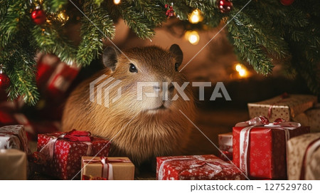 Cute capybara under a Christmas tree surrounded by festive gift boxes and decorations, celebrating the holiday season. 127529780