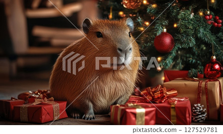 Cute capybara under a Christmas tree surrounded by festive gift boxes and decorations, celebrating the holiday season. 127529781