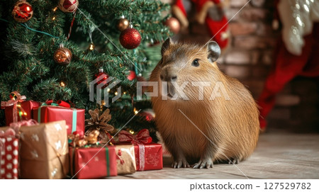 Cute capybara under a Christmas tree surrounded by festive gift boxes and decorations, celebrating the holiday season. Cute capybara under a Christmas tree surrounded by festive gift boxes and decorations, celebrating the holiday season. 127529782