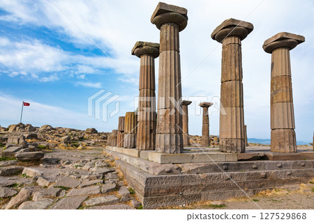 Doric columns of Temple of Athena in Assos Turkey with ancient stone pavement 127529868