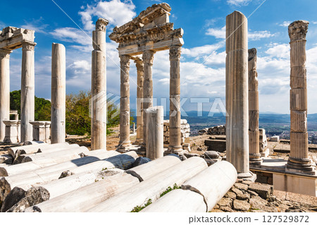 Restored marble columns and fallen fragments of the Temple of Trajan on the acropolis of Pergamon in Turkey Restored marble columns and fallen fragments of the Temple of Trajan on the acropolis of Pergamon in Turkey 127529872