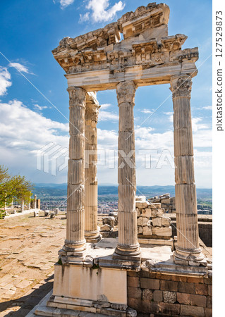Detailed view of Corinthian columns of  the Temple of Trajan in Pergamon Turkey 127529873