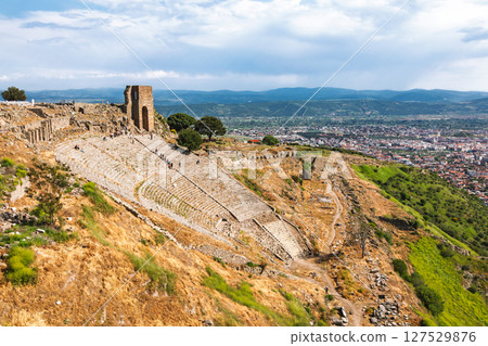Ancient Hellenistic theatre on Pergamon acropolis overlooking modern city of Bergama Turkey Ancient Hellenistic theatre on Pergamon acropolis overlooking modern city of Bergama Turkey 127529876
