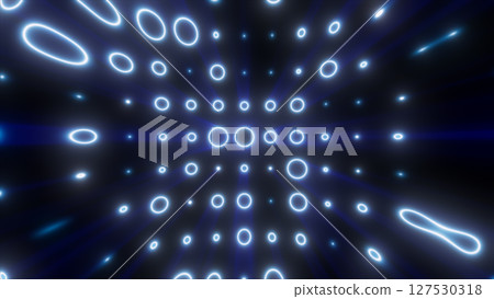 Glowing blue rings form a tunnel-like digital vortex with radiating light beams in a futuristic abstract pattern Glowing blue rings form a tunnel-like digital vortex with radiating light beams in a futuristic abstract pattern 127530318