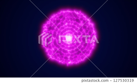 Glowing pink energy sphere with electric patterns radiating from the center on a dark background Glowing pink energy sphere with electric patterns radiating from the center on a dark background 127530319