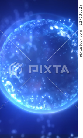 Bright glowing blue sphere surrounded by tiny floating particles, resembling a digital energy core or cell Bright glowing blue sphere surrounded by tiny floating particles, resembling a digital energy core or cell 127530325