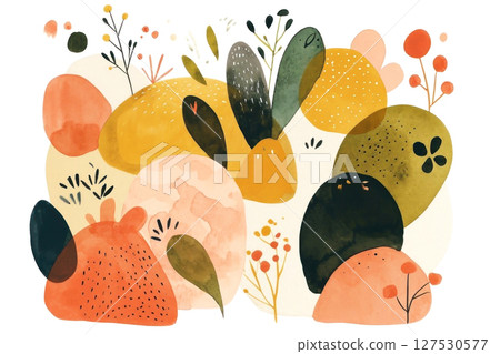 Vibrant abstract landscape filled with earthy tones and playful shapes, capturing nature essence Vibrant abstract landscape filled with earthy tones and playful shapes, capturing nature essence 127530577