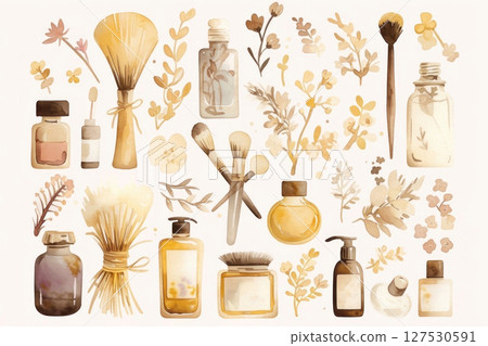 Chic watercolor artwork of beauty essentials and botanical elements in soft, earthy tones 127530591