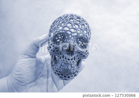 Art model of human skull printed on a 3D printer from molten plastic in hand. Object human skull created by 3D printer from molten plastic. Modern additive 3D printing technologies. FDM technology Art model of human skull printed on a 3D printer from molten plastic in hand. Object human skull created by 3D printer from molten plastic. Modern additive 3D printing technologies. FDM technology 127530866