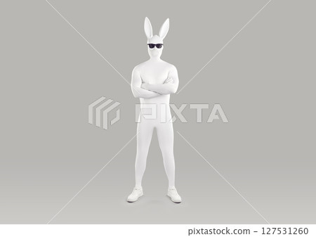 Portrait of unrecognizable person wearing white spandex costume and hare mask with long ears. 127531260