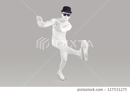 Faceless man wearing white bodysuit costume with black glasses and hat isolated on grey background. 127531275