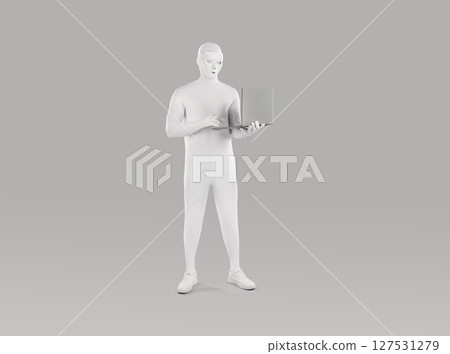 Incognito man figure in bodysuit standing and working on a laptop isolated on grey background. 127531279