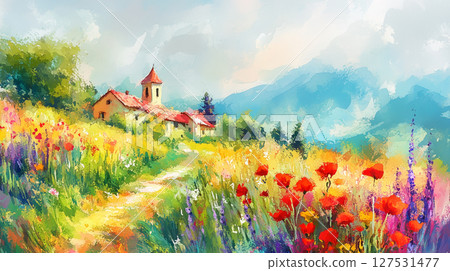 Foreign-style house and flower landscape watercolor painting (Generative AI) 127531477