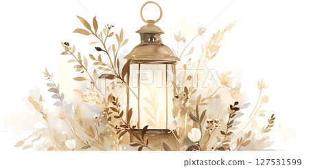 Enveloped in delicate florals, a vintage lantern casts a gentle glow, creating an enchanting ambiance 127531599