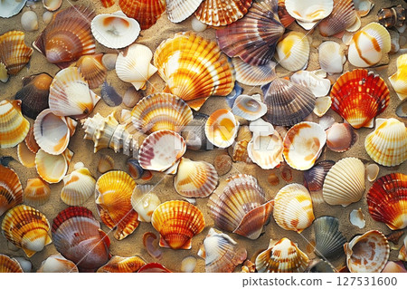 Colorful seashells scattered on sunlit sand capture the essence of a tranquil beach day 127531600