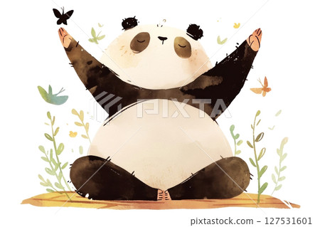 Cute panda in a serene meditation pose surrounded by butterflies and greenery 127531601