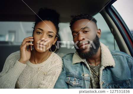 A man and a woman are sitting in a car, the woman is talking on her cell phone A man and a woman are sitting in a car, the woman is talking on her cell phone 127531836
