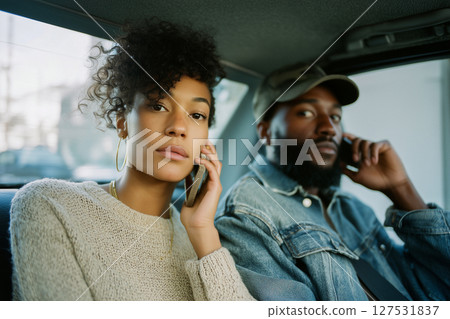 A man and a woman are talking on their cell phones in a car 127531837