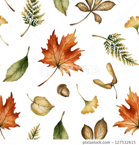 Autumn forest leaves, seeds and acorns. Watercolor hand painted floral seamless pattern on white background for fall forest design, cozy prints, cute home textile, wrapping paper, wallpaper, fabric 127532615