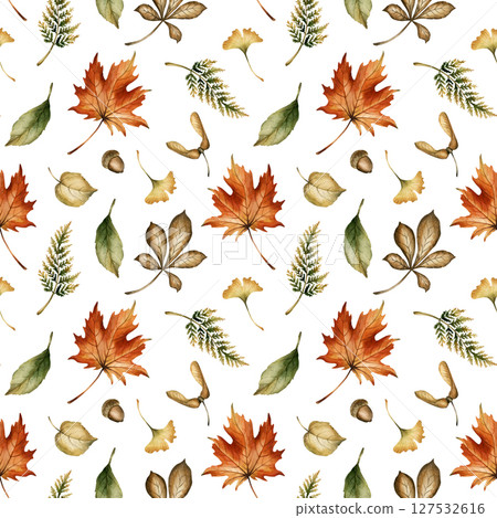 Autumn forest leaves, seeds and acorns. Watercolor hand painted floral seamless pattern on white background for fall forest design, cozy prints, cute home textile, wrapping paper, wallpaper, fabric 127532616