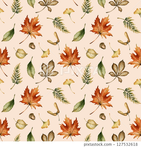 Autumn forest leaves, seeds and acorns. Watercolor hand painted floral seamless pattern on beige background for fall forest design, cozy prints, cute home textile, wrapping paper, wallpaper, fabric 127532618